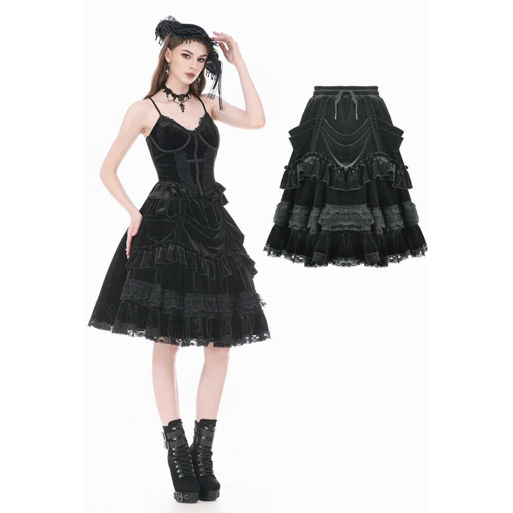 Dark in Love - Dark Lolita in Matte Velvet with Lace Trims Rok - Zwart